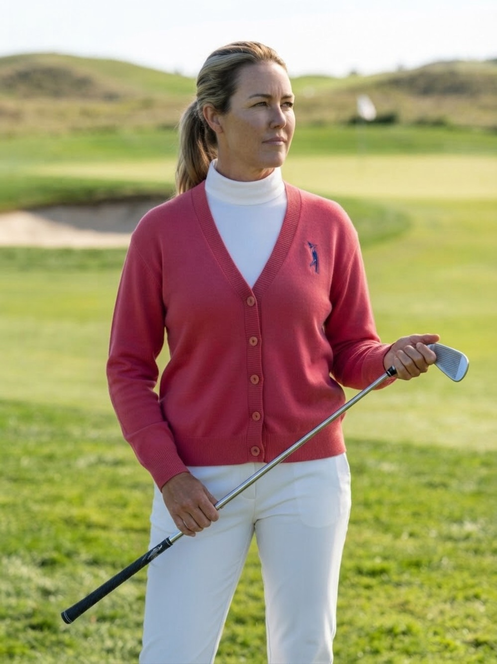 VINTAGE 90s Fairway Outfitters Hot Pink Embroidered Golfer Cotton Cardigan